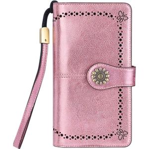 Lavemi Womens Large Capacity Genuine Leather RFID Blocking Wallets Wristlet Clutch Card Holder (1-waxed Rose Gold)