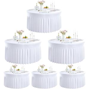 Outpain 6 Pack White Round Spandex Tablecloth for 48Inch/4FT Tables - Stretchy Table Cloth with Skirt, Wrinkle-Free Fitted Cloth for Wedding Vendor, Banquet & Graduation Decor (108" Round)