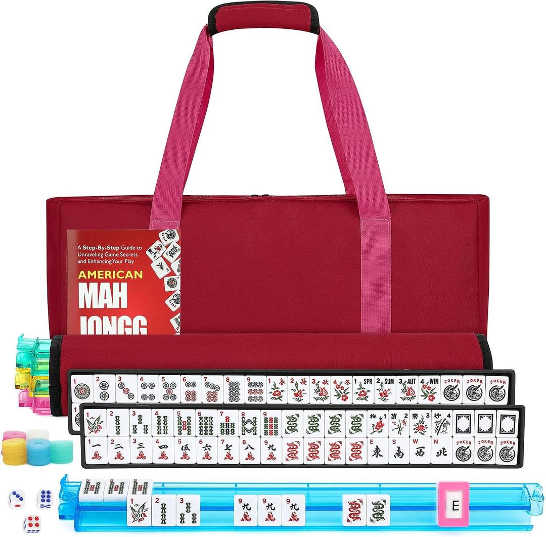 American Mahjong Tile Set,166 White Tiles Mahjong Set,4 Colors Mahjong Racks,Travel Mahjong Set with Red Carrying Bag, 1.2" x 0.9" x 0.5"