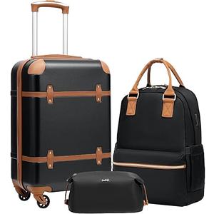 Coolife Suitcase Set 3 Piece Luggage Set Carry On Travel Luggage TSA Lock Spinner Wheels Hardshell Lightweight Luggage Set(Black, 3 piece set (BP/TB/20