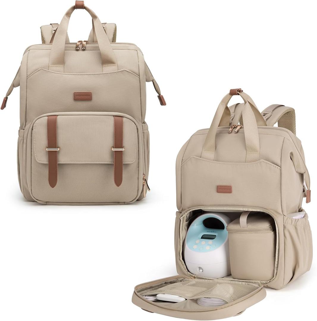 mommore Diaper Bag Backpack, Breast Pump Backpack for Spectra S1,S2 Medela Pumping Backpack for Working Moms with 15.6 inch Laptop Sleeve, Champagne