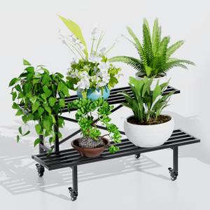 Zhongma 2 Tier Sturdy Metal Plant Stand with Wheels, L35.43 x W17.5 x H16.14 inch, Heavy Duty Plant Holder for Home Indoor and Outdoor,440 LBS Capacity & Heavy Duty Construction