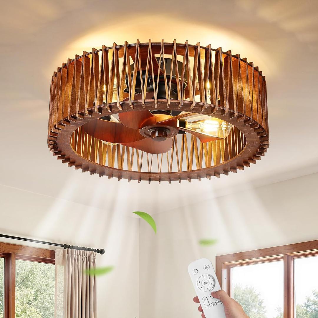 20" Flush Mount Caged Ceiling Fan with Light, Farmhouse Low Profile Ceiling Fan with Remote, Wooden Fandelier 6 Speed Quiet DC Motor, Reversible Chandelier Ceiling Fan for Bedroom Kitchen Living Room