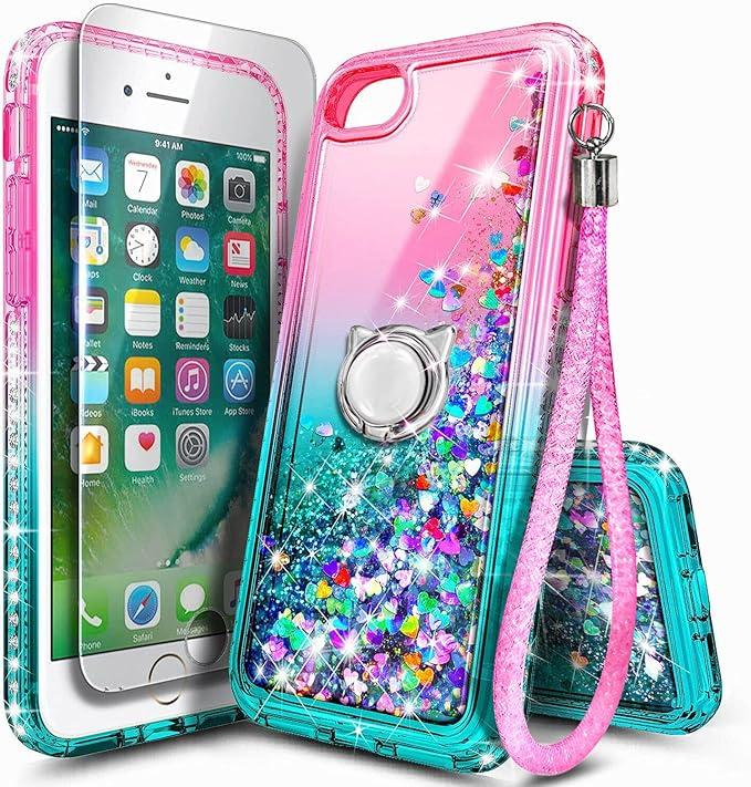 NGB Designed for iPhone SE (3rd 2022 & 2nd Gen 2020)/iPhone 8/7/6/6S Case, Pink/Aqua | Glitter Liquid Cute Cover for Women Girls Kids | with Tempered Glass Screen Protector & Ring Holder-Wrist Strap