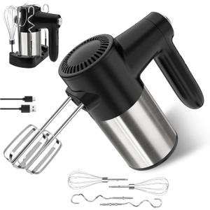 Cordless Electric Hand Mixer, 7 Speed Rechargeable Wireless Handheld Mixer with Eject Button, Long Battery, Quiet Anti-Splash, 6×304 Stainless Steel Attachments & Storage Base for Baking (Black)