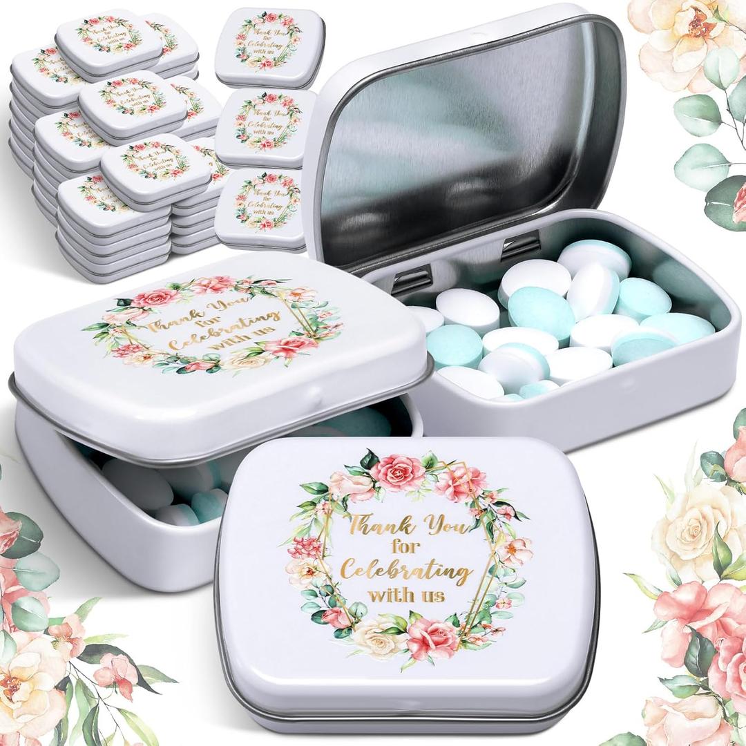 24 Pcs Wedding Mint Tins Bulk Small Tin Box with Lids Mini Rectangle Empty Hinged Tins Wedding Favor Thank You for Celebrating with Us Gifts for Bridal Shower Favor for Storage Candies Key Earring