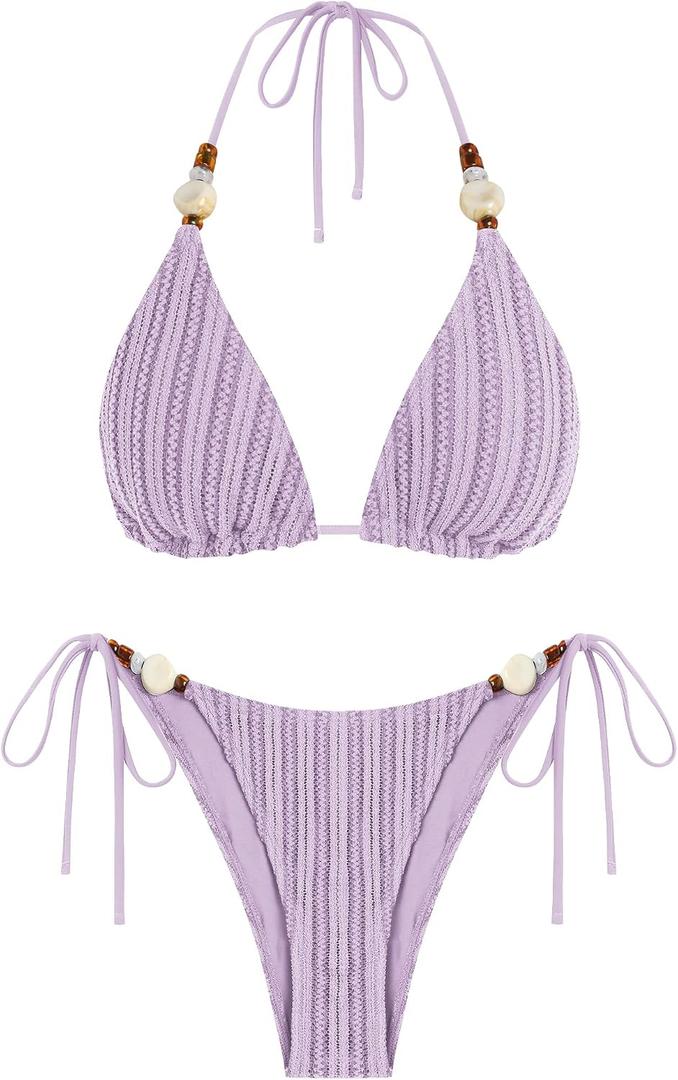 ZAFUL Women's Bikini Sets Beads Triangle Swimsuits 2 Piece Bathing Suits | String High Cut Cheeky Swim Suit with Low Rise Bikini Bottoms for Beach Swimwear (Purple, Large)