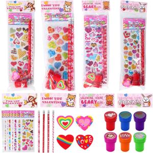 Valentines Day Gifts for Kids28 Pack Valentines Day Stationery Kids Includes Pencil, Erasers, Cards, Stickers, Stamper for Kids Valentine's Day Party Favor Supplies School Classroom Exchange