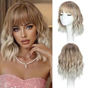 iAelev Ombre Blonde Curly Bob Wig with Bangs Short Wavy Wigs for Women Bob Style Synthetic for Everyday Hairstyle 12 Inch wig for Daily Party Use