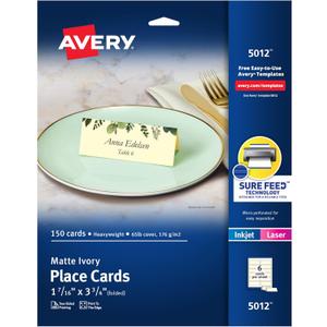 Avery Printable Place Cards with Sure Feed Technology, 1-7/16" x 3-3/4", Textured Ivory, 150 Blank Tent Cards for Laser or Inkjet Printers (5012)