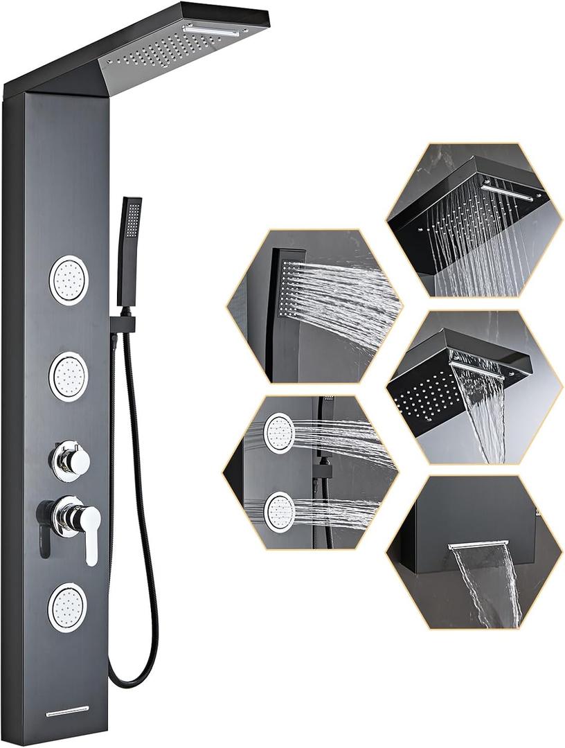 Shower Panel Tower System 5-in-1 Shower Panel Tower with Powerful Body Massage, Rainfall, Waterfall,Handheld and Tub Spout, Stainless Steel Shower Column - Brushed Black, ‎49.21 x 7.87 x 2.56 inches