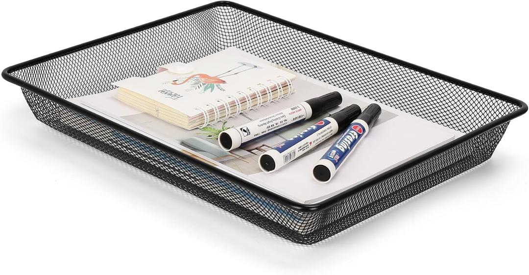 Office Metal Mesh Basket for Desk, Single Paper Tray Organizer, Turn in Trays Classroom, Flat Mail Letter Storage Basket for Office Home Drawers School, Black (1 Pack)