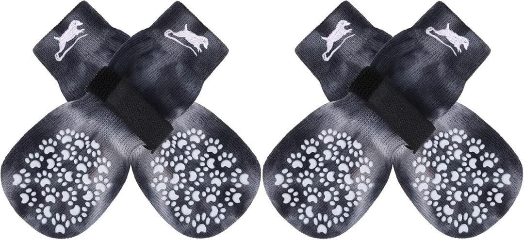 EXPAWLORER Anti Slip Dog Socks to Prevent Licking Paws, Dog Shoes for Hot Pavement, Dog Booties for Senior Dogs, Traction Control Boots & Paw Protectors for Hardwood Floors (Medium (4 Count), Black and White)