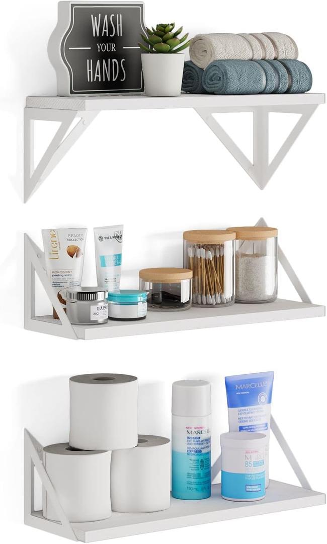 Wallniture Minori Washed White Floating Shelves for Wall Storage, Bathroom Shelves Over The Toilet Storage, Wood Wall Shelf Set of 3 with White Brackets
