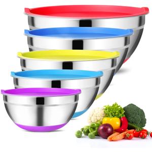Mixing Bowls with Airtight Lids (Set of 5) Stainless Steel Mixing Bowl Set, Non Slip Colorful Silicone Bottom Nesting Storage Bowls, Great for Mixing & Prepping 1.5-2.5-3-5-8 QT