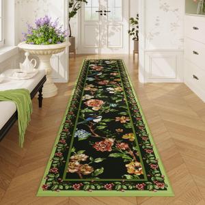 Runners for Kitchen Runner Rug Non Slip 2'x10' Long Washable Rugs with Rubber Backing Soft Floral Bird Magpies Animal Carpet Runner for Kitchen, Laundry, Bedroom, Bathroom (Green)