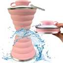 Collapsible Water Bottle, Camping Cup With Carabiner, Reuseable Silicone Foldable Leak Proof Portable Sports Travel Water Bottles For Outdoor, Travel Gym Hiking, BPA Free, Cycling Cups with Carabiner (Pink)