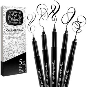 Craft 'n' Beyond Calligraphy Brush Pens Pack of 5 Markers for Hand Lettering, Art Drawing, Sketching, Scrapbooking, Writing, Journaling tip - Beginner Kit with Fadeproof Black Ink