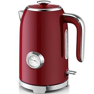 SUSTEAS Electric Kettle - 57oz Hot Tea Water Boiler with Thermometer, 1500W Fast Heating Stainless Steel Pot, Cordless LED Indicator, Auto Shut-Off & Boil Dry Protection, Red