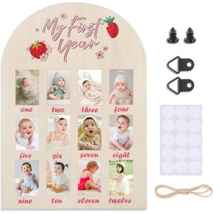 My First Year Photo Display Sign from 1-12 Month Berry 1st Birthday Wooden Picture Frame Strawberry Milestone Monthly Board for Girl One Birthday Decorations Baby Keepsake Nursery Decors Gift