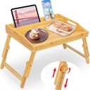 Bed Tray Table for Eating - Bamboo Breakfast Food Table with Phone Tablet Holder - Adjustable Height Serving Tray with Folding Legs on Lap Sofa - Portable Laptop Snack Platter for Bedroom Picnic (Natural)