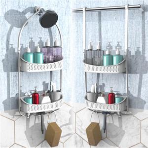 Shower Caddy Hanging; Anti-Swing shower basket over Showerhead with Suction Cups; Never rust Bathroom Organizer, Multiple Hanging Modes Shelf with hooks, White