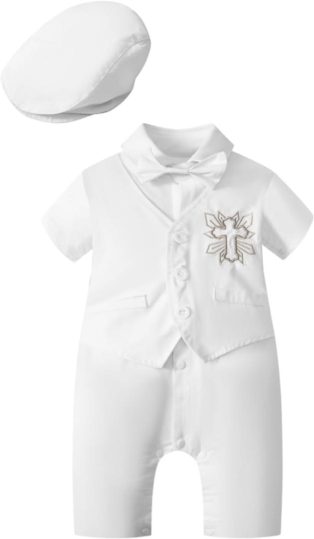 Newborn Baptism Outfits Gentleman Bowtie Romper White Wedding Outfit Cake Smash Christening Jumpsuit (6-9 Months, Short Silver)