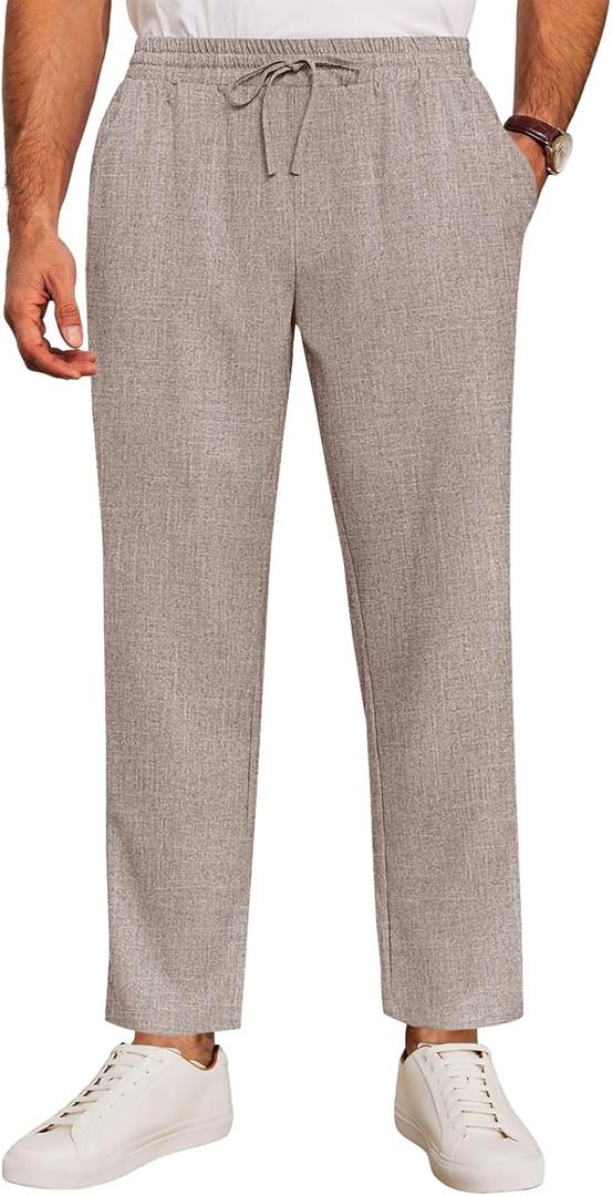 Runcati Mens Casual Pants Drawstring Elastic Waist Lightweight Cropped Linen Pants Summer Yoga Beach Trousers (Small, Khaki)