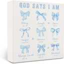 Coquette Blue Bow Christian Bathroom Wooden Signs,Coquette Room Decor,Blue God Says I Am Wooden Box Sign,Preppy Bow Bible Verse Decor For Girls Room Bedroom Desk Shelf Tabletop 5x5 Inches