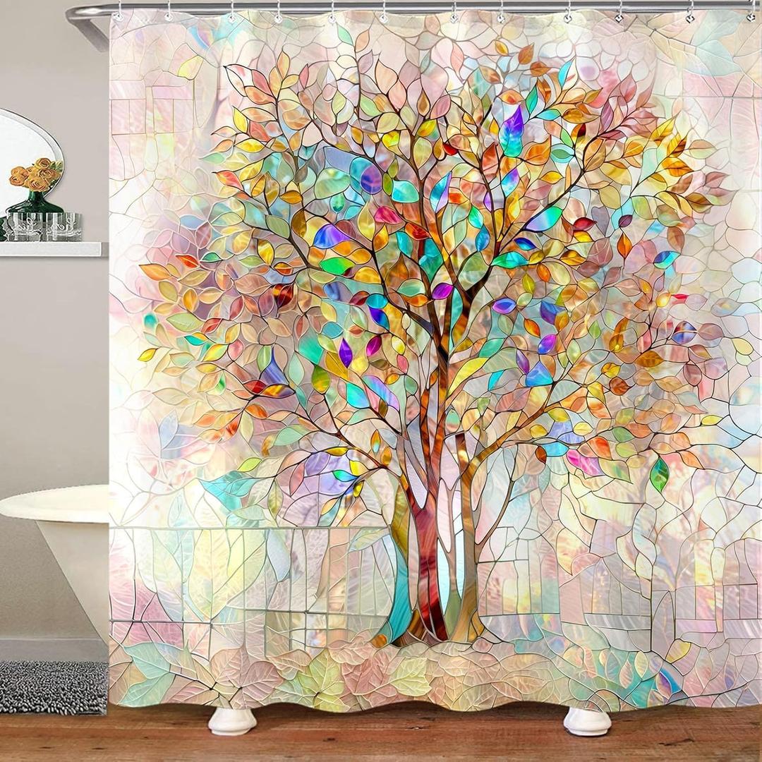 Tree of Life Shower Curtain Stained Glass Shower Curtain Art Shower Curtains for Bathroom Colorful Shower Curtain Set with 12 Hooks Tree-01 7284 Inches