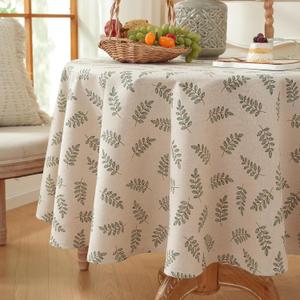 Round Leaf Tablecloth-Washable Linen Table Cloth-Green Vintage Design for Indoor Outdoor Dining,Picnic,Restaurant Decor