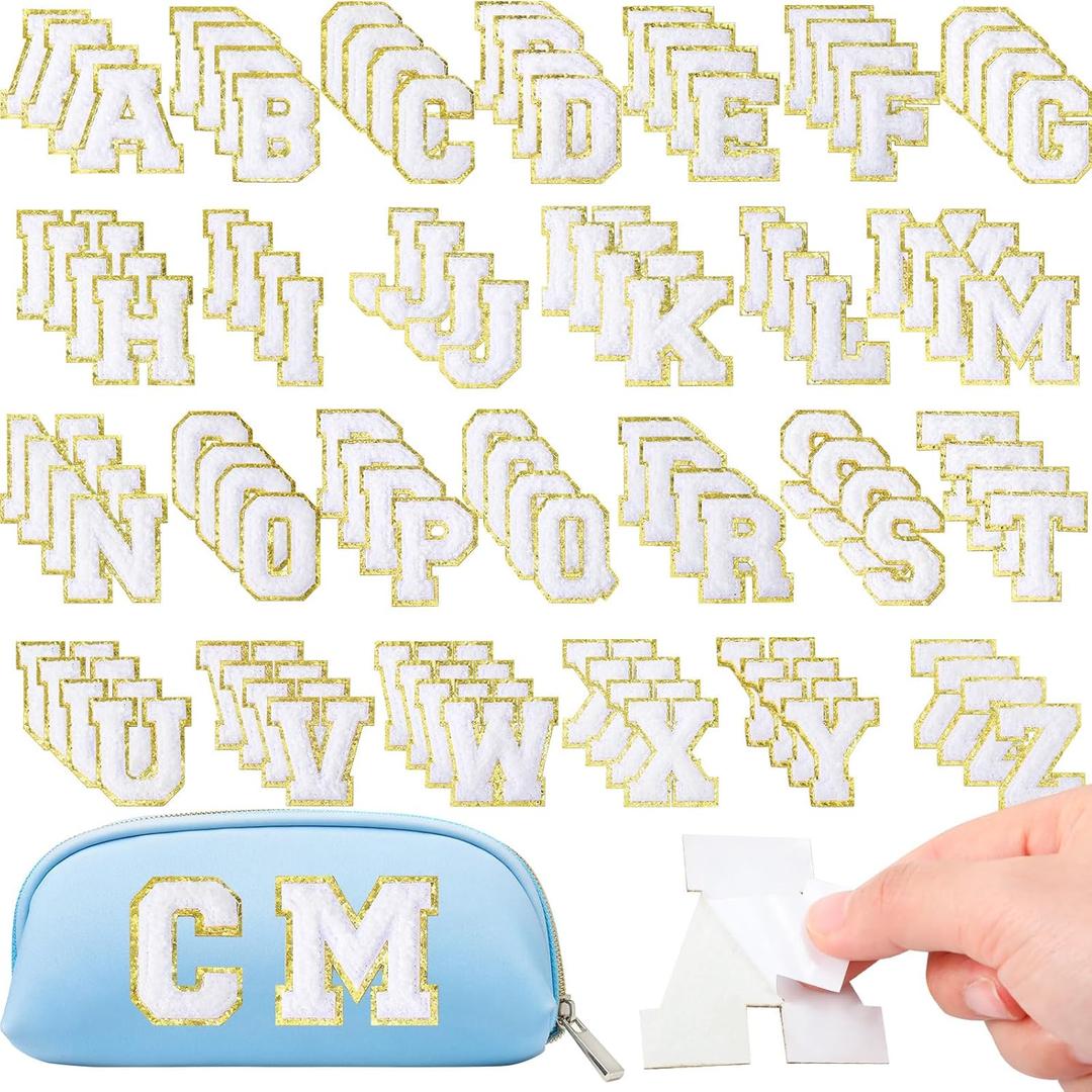 Yilloog 104 Pcs Self-Adhesive Chenille Letter Patches Glitter Initial Stickers Embroidered Fuzzy Letters for Clothing Backpacks Phone Hat DIY Decor Graduation Nurse Teacher Gifts (White)