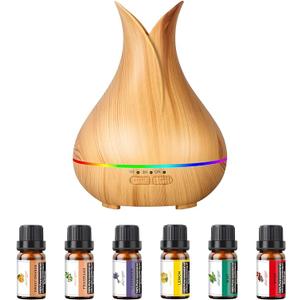 Aromatherapy Diffuser with Essential Oils Included, 150ml Small Cute Aroma Diffuser with 15 Color LED Light&3 Times, Waterless Auto Off Essential Oil Diffusers for Home Bedroom (Wood)