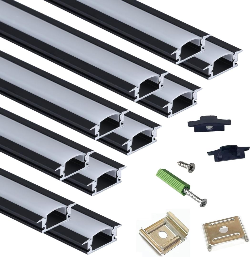 THMOOTHER 10-Pack 3.3FT/1M LED Strip Aluminum Channel Diffuser,Collar Shape Tape Light Under Cabinet Floating Shelf Alcove Recessed 25X7MM Matte Black Anodized Track, Milky Cover Concave Slot Profile