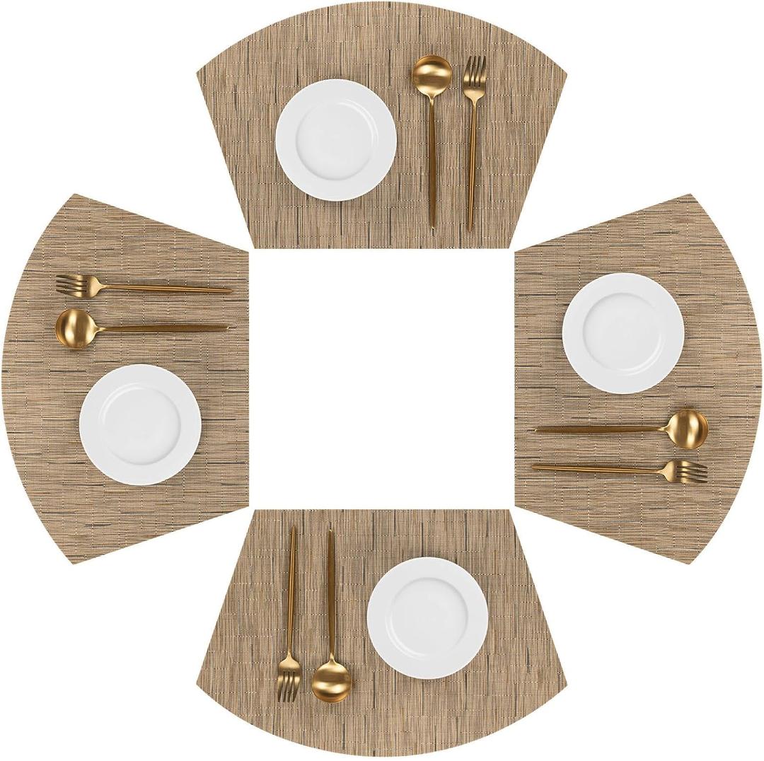 SHACOS Wedge Shape Placemats Set of 4 Woven Vinyl Placemat for Round Table Curved Place Mats Wipe Clean Kitchen Dining Table Mats (4, Tan)