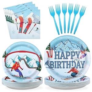 Grencian 96 PCS Skiing Birthday Party Supplies 350 GSM Skiing Paper Plates Napkins Forks Disposable Tableware Set Ski Party Decorations for Winter Skiing Theme Birthday Party Decorations Serves 24