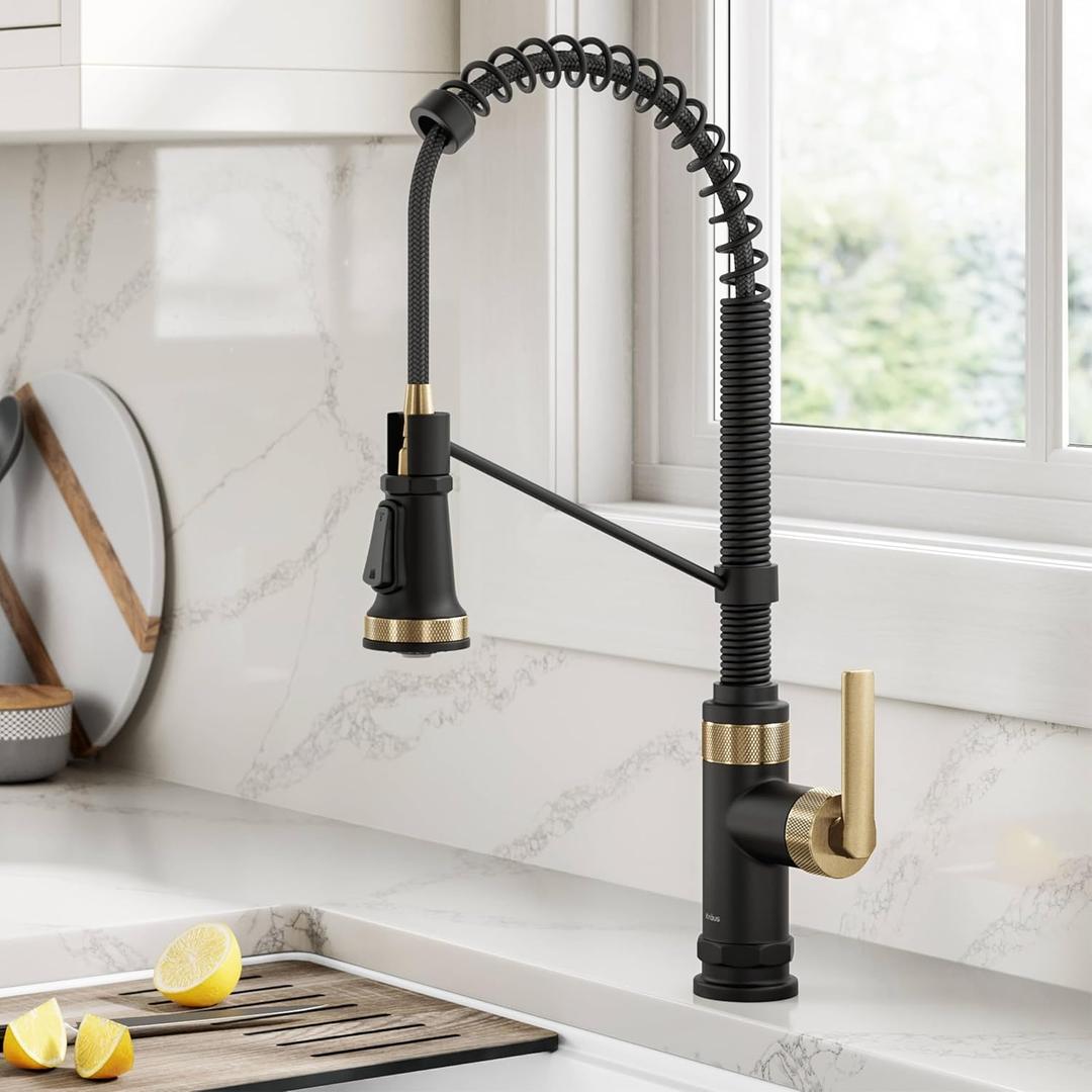 KRAUS Allyn Commercial Style 2-Function Single Handle Pull Down Kitchen Faucet in Spot-Free Brushed Brass/Matte Black, KPF-4110BBMB