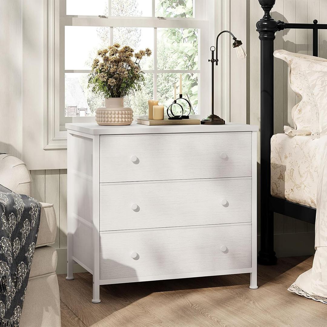 BOLUO White Nightstand with Fabric Drawers, Large Night Stand 3 Drawer Dresser for Bedroom, Closet, Girls Modern, 15"D x 27"W x 28.3"H