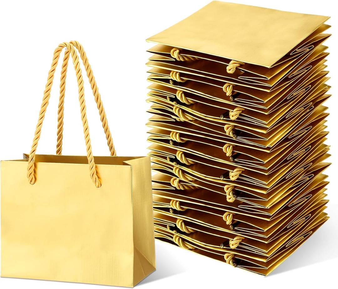 Fainne 24 Pcs Gold Mini Gift Bags with Handle Gift Card Bags Bulk Extra Small Paper Party Favor Boxes Tiny for Christmas Wedding Baby Shower Birthday Wrapping Supplies, 4.7 x 3.9 x 2.3 Inch