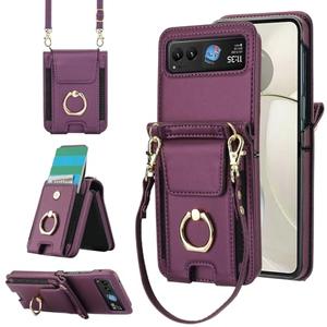 Phone Case for Motorola Razr 40/Moto Razr 2023 Wallet Cover With Ring and Crossbody Wrist Strap Lanyard Credit Card Holder Slot Stand XT2323-6 Razor Razer Razr2023 Razr40 Women Men Girls Dark Purple