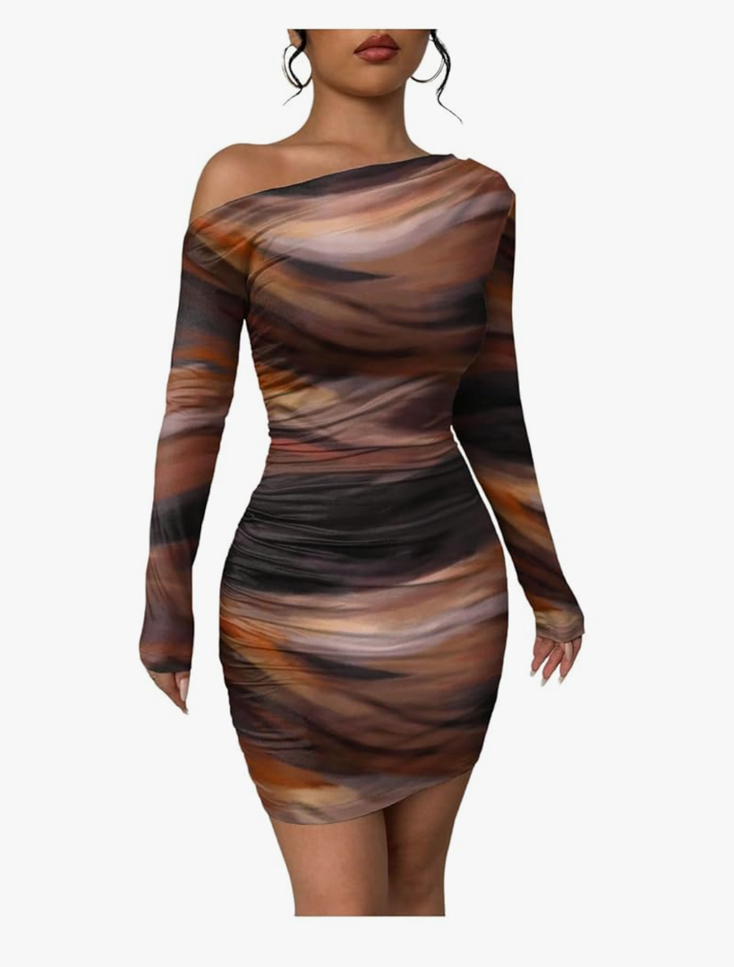 Women's Off Shoulder Ombre Tie Dye Bodycon Dress Long Sleeve Slim Fit Pencil Mini Dresses XL