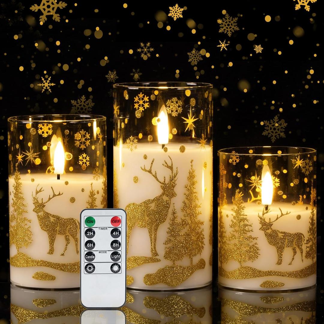 Amagic Christmas Flameless Candles with Remote and Timer, Glass Battery Operated Candles, Real Wax Electric LED Pillar Candles with Gold Deer for Thanksgiving Decor, Set of 3