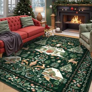 LIVEBOX Christmas Living Room Rugs 8x10, Soft Machine Washable Area Rug for Bedroom, Vintage Rug for Dining Room with Non Slip Backing, Large Green Indoor Carpet for Home Office(8'x10')