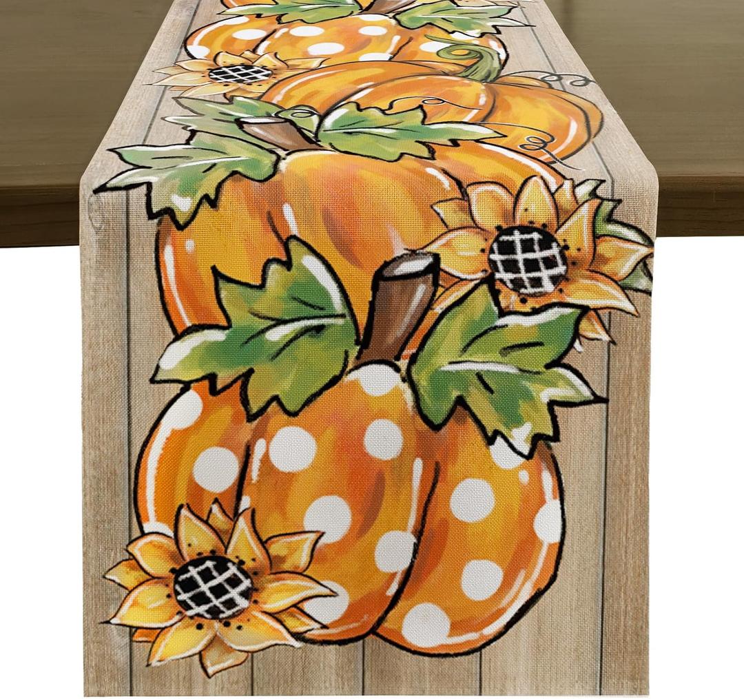 Romanstile Fall Table Runner - 13 X 90 Inch - Wood Pumpkin Leaves Thanksgiving Autumn Kitchen Dining Table Decor, Farmhouse Style Home Decoration for Dining, Party, Holiday