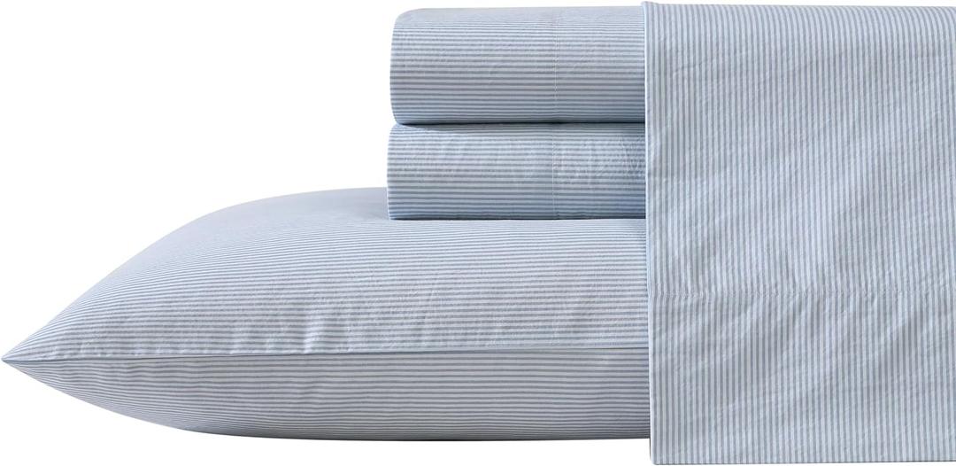 Queen/Full Sheet Set, Cotton Percale Bedding Set, Crisp & Cool, Lightweight & Breathable (Penny Pinstripe Blue, Queen/Full)