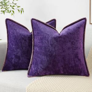 decorUhome Chenille Soft Throw Pillow Covers 22x22 Set of 2, Farmhouse Velvet Decorative Pillow Covers with Stitched Edge for Couch Sofa Bed, Petunia 