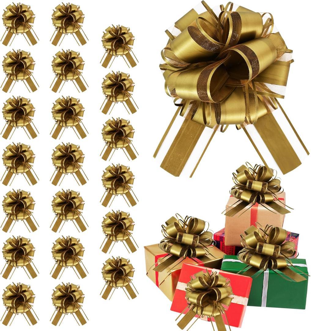 20pcs 7 Inch Pull Bows Gold Gift Wrap Bows for Gift Wrapping, Ribbon, Basket, Flower, Christmas, New Year, Birthday, Graduation, Party Decorations
