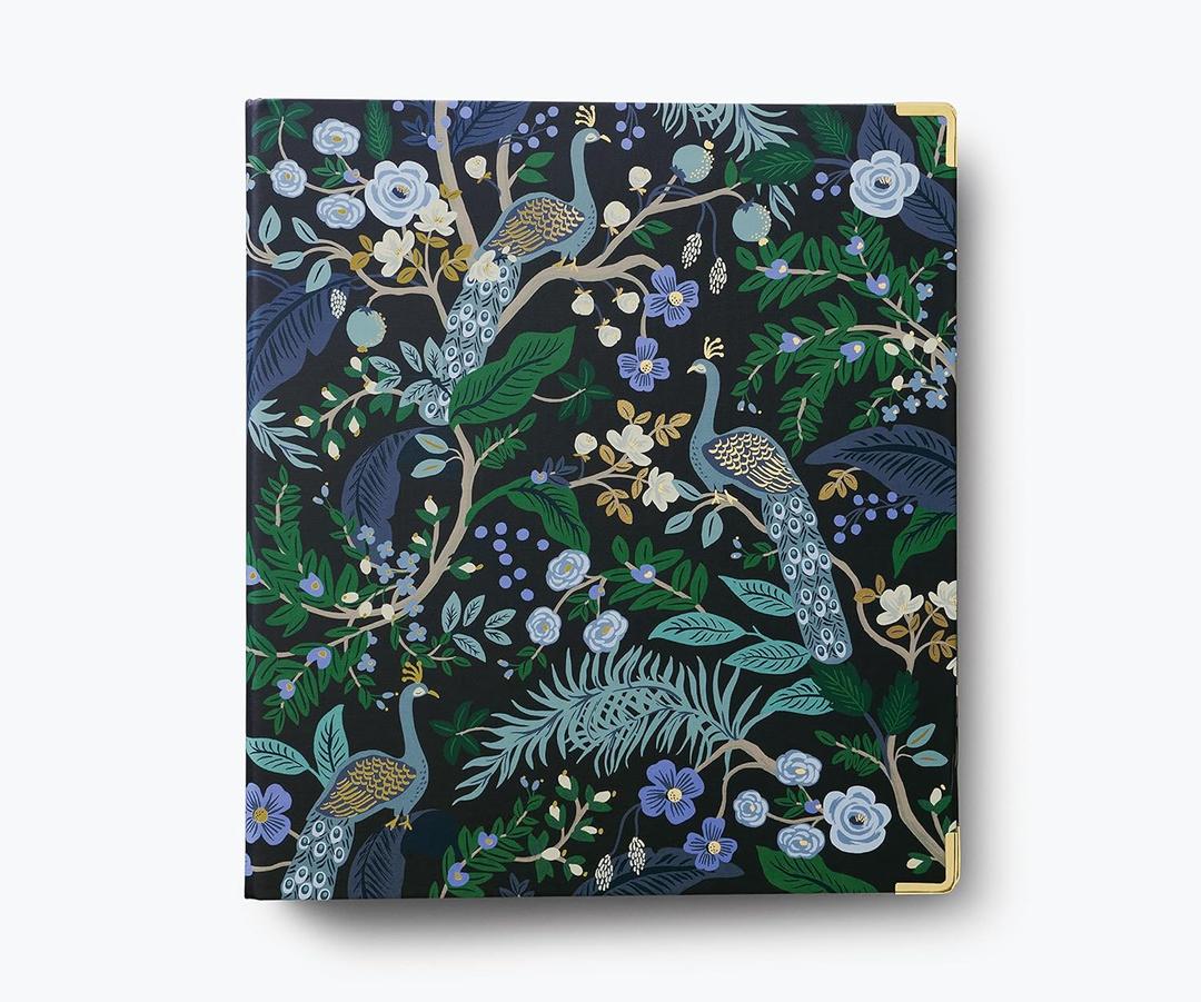RIFLE PAPER CO. Peacock Classic Binder - 1" Three-Ring Binder with Soft Touch Illustrated Deep Blue Cover, Holds 175 Pages, 3 Tabbed Dividers and 6 Adhesive Labels, Reinforced Metal Corners