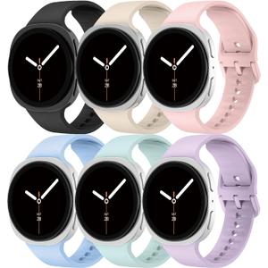 Sport Bands Compatible with Samsung Galaxy Watch 8 Band 40mm 44mm/8 Classic 46mm Women Men,Soft Silicone Replacement Strap Waterproof Wristband for Samsung Galaxy Watch 8 Classic Bands 46 mm,6 Pack (02-Black/Mint Green/Pink/Lavender/Starlight/Light Blue)
