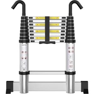 Telescoping Ladder with Hooks 8.5 FT - Aluminum Telescopic Ladder with Stabilizer - Retractable Extension Ladders for Home Loft Roof RV Work with EN131 Certification - 330lbs Max Capacity